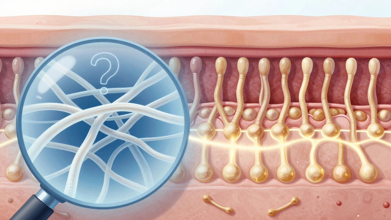 Zvětšený pohled na strukturu bílkovin v kůži a kloubech: želatina vs. hydrolyzovaný kolagen.