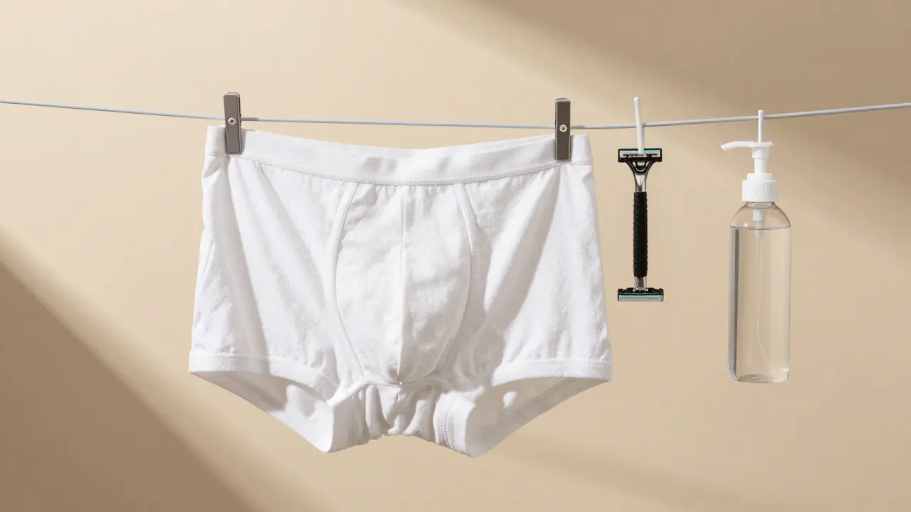 Bavlněné spodní prádlo a čistá břitka na sušáku, symbolizující bezpečnou depilaci.