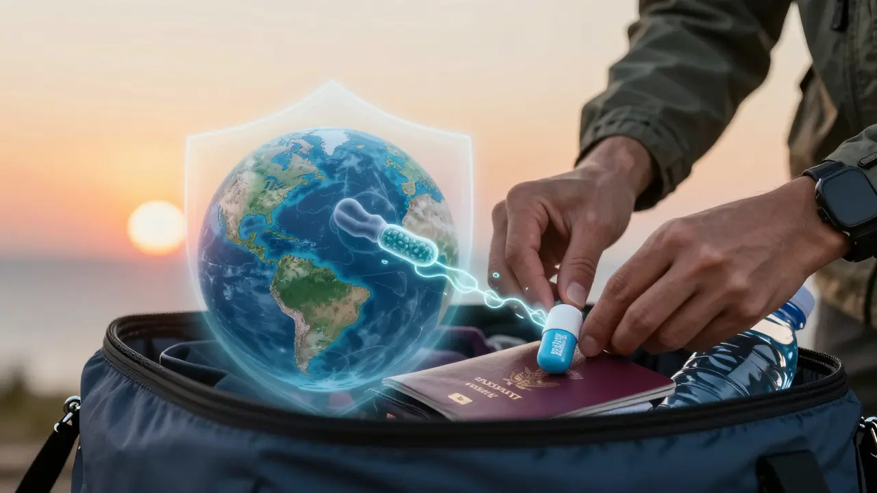 Cestovatel balí probiotikum do cestovního pytliku s globusem na pozadí.