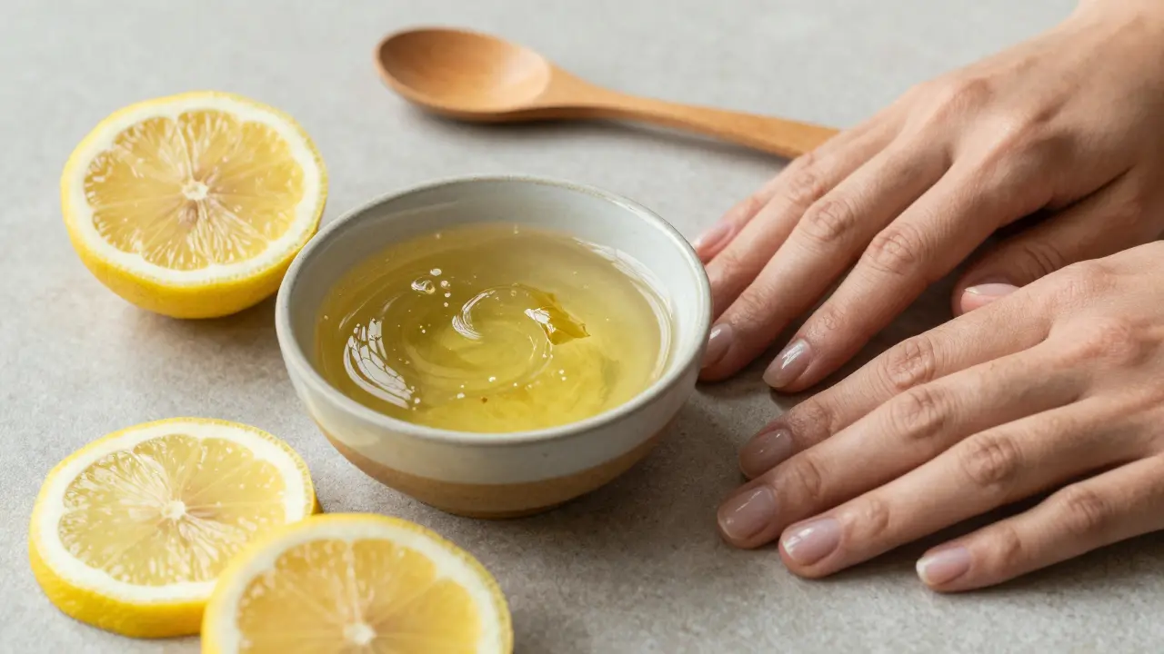 Domácí maska na nehty z kastorového oleje, medu a citronu na dřevěném povrchu.