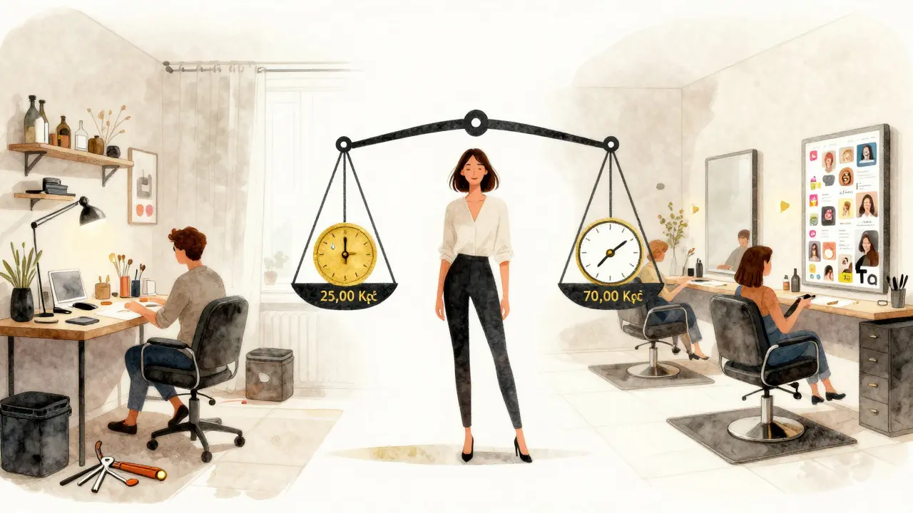 Dvoustranný obraz: manikérka pracuje doma vs. ve velkém salónu s různými příjmy.