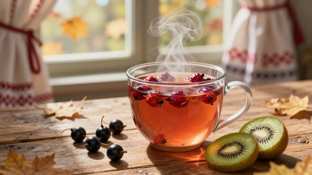 Horká šípková vývar v hrnku s čerstvými rybízy a kivi na stole.