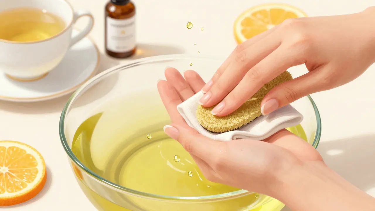 Jemné otírání nehtů měkkým hadříkem po koupeli v oleji a teplé vodě.