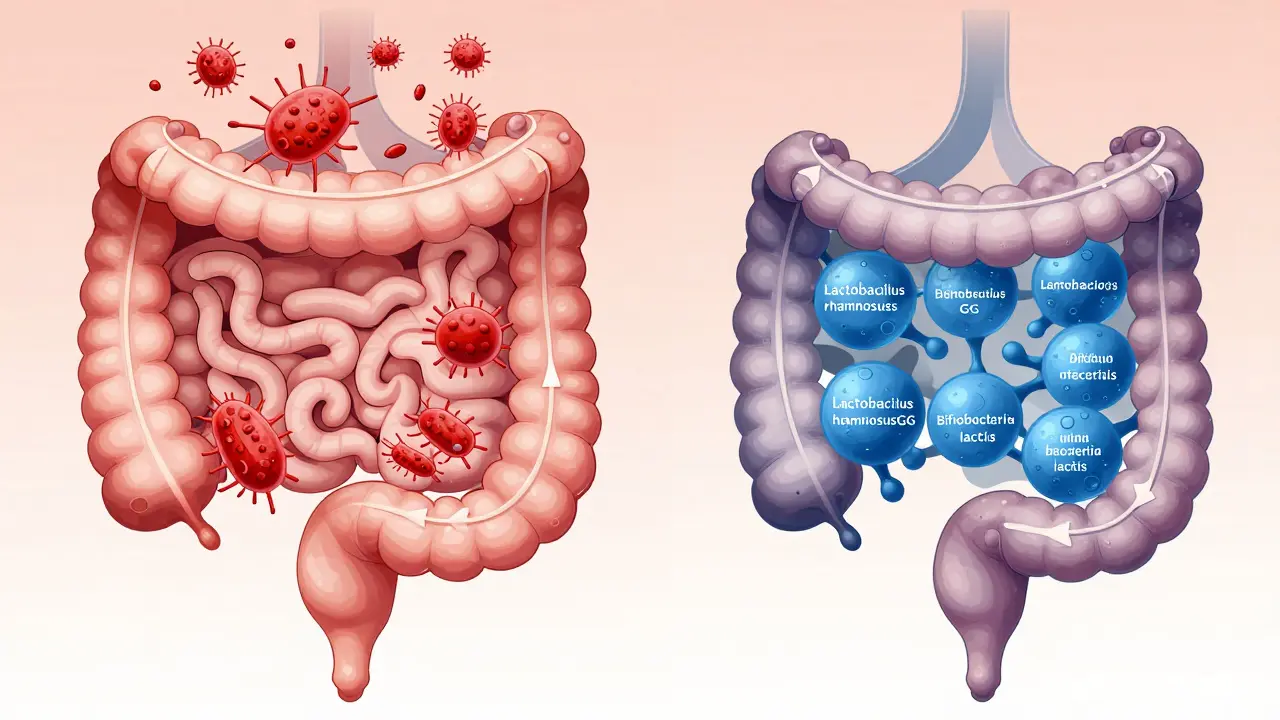 Kontrastní ilustrace zdravé a narušené střevní mikroflóry.