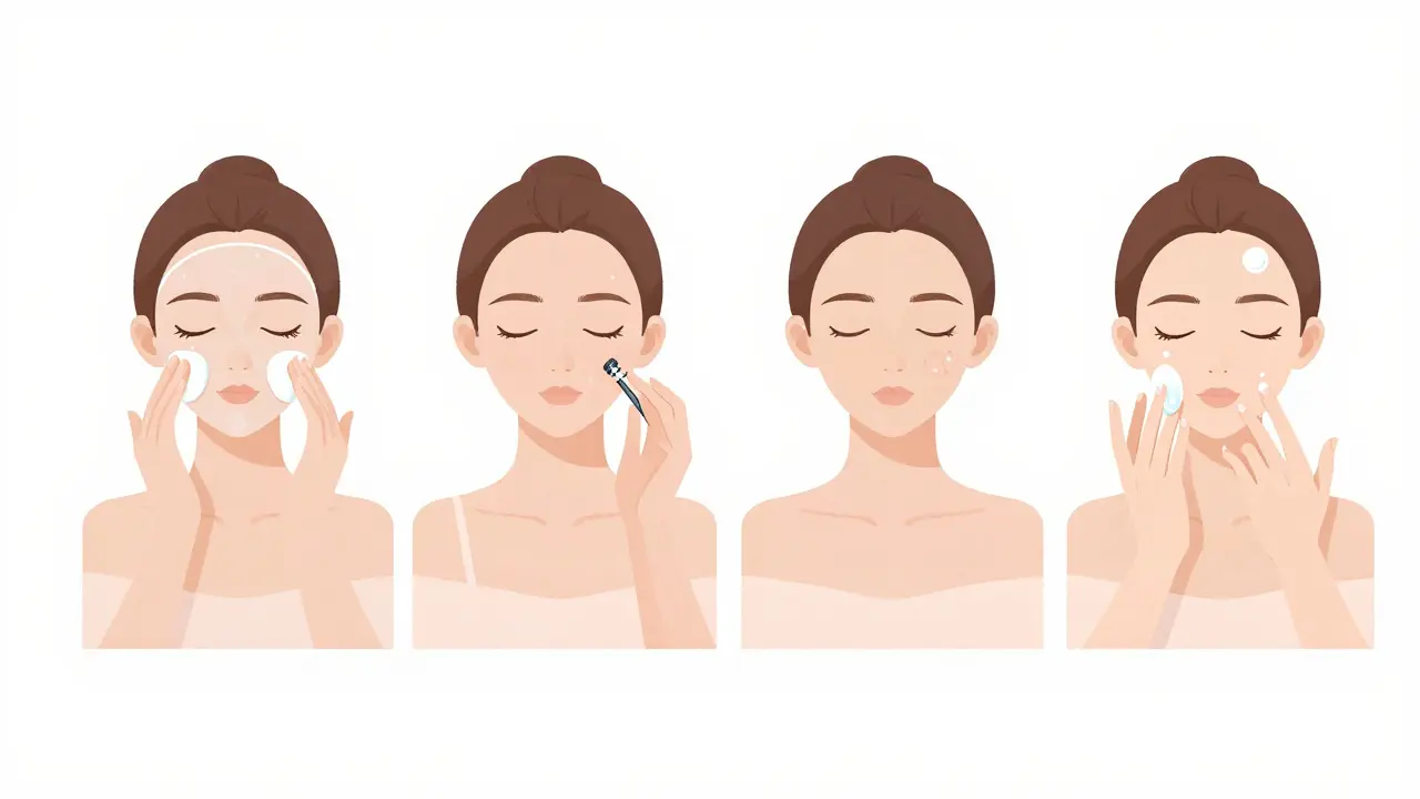 Krok za krokem péče o pleť: čištění, retinoid, exfoliace a hydratace.