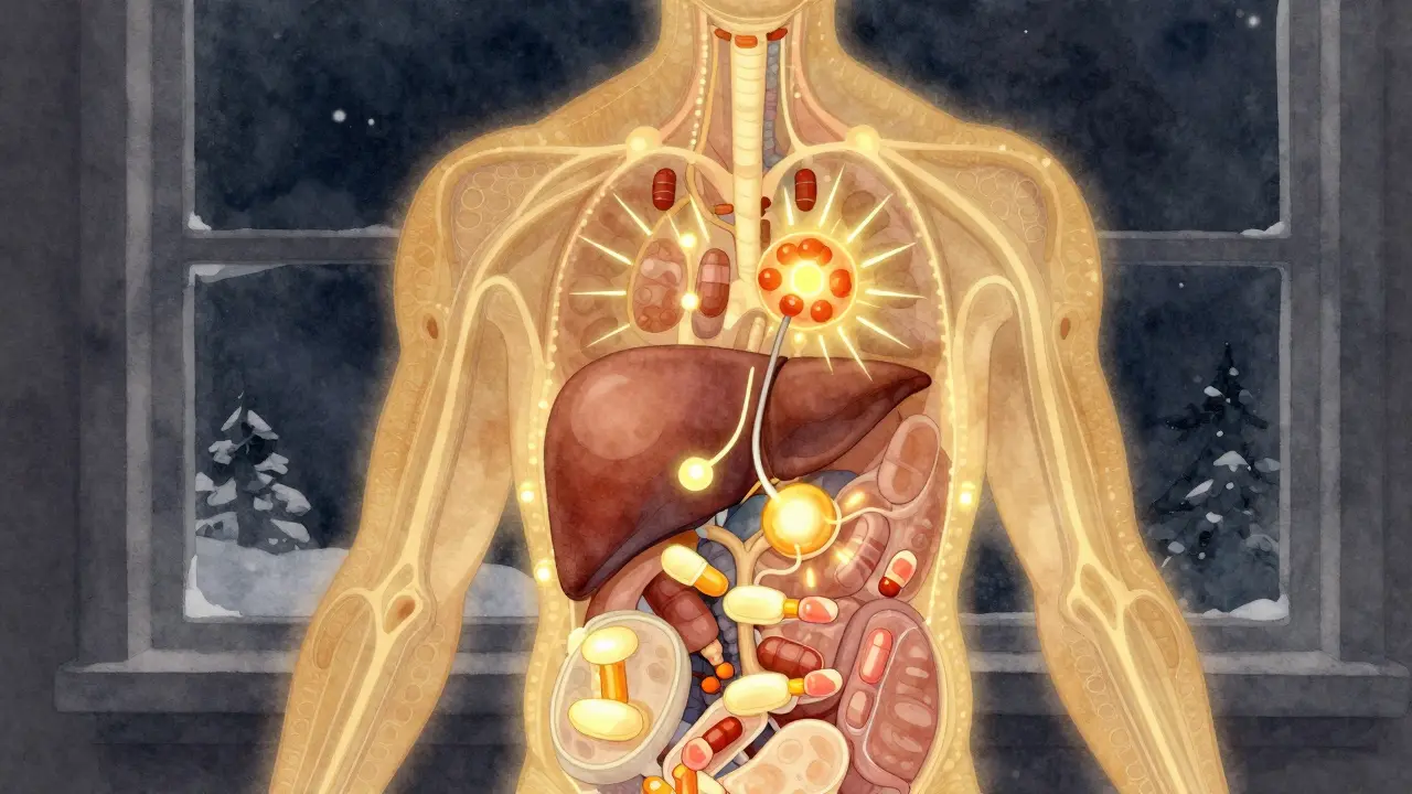 Lidský silueta s vnitřními světelnými cestami reprezentujícími metabolismus a spalování tuků pomocí vitamínů.