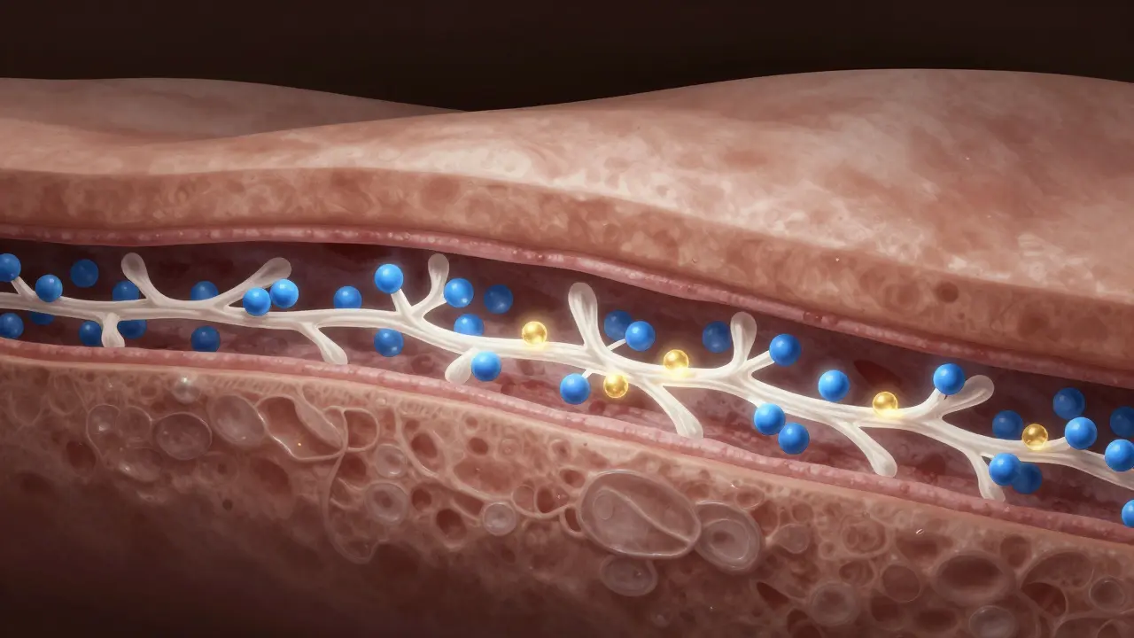 Mikroskopický pohled na kolagenové peptidy vstřebávané do kůže a kloubů.