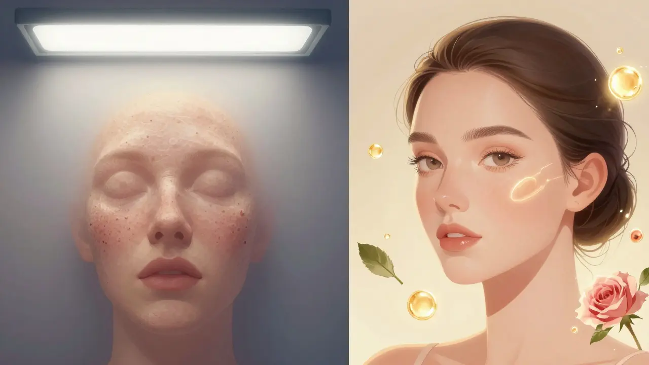 Porovnání pleti před a po použití Mary Kay produktů – znečištěná vs. zářivá kůže.