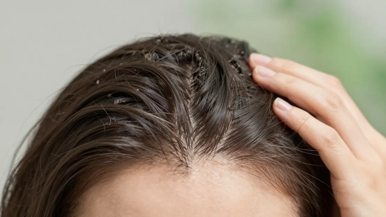 Porovnání suché a zdravé pokožky hlavy po masáži přírodními oleji.