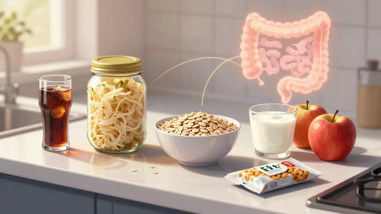 Přirozené potraviny podporující dobré bakterie vedle zpracovaných potravin s konzervanty