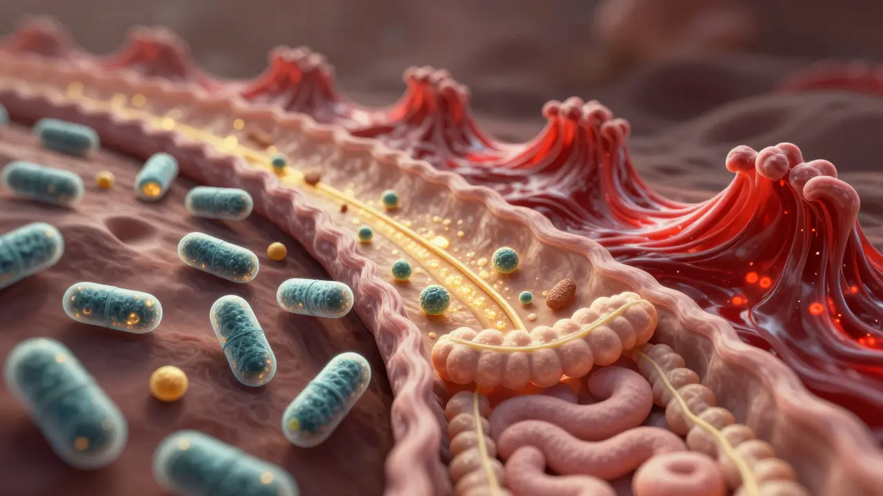 Probiotické bakterie přežívají kyselé prostředí žaludku a cestují do střev.