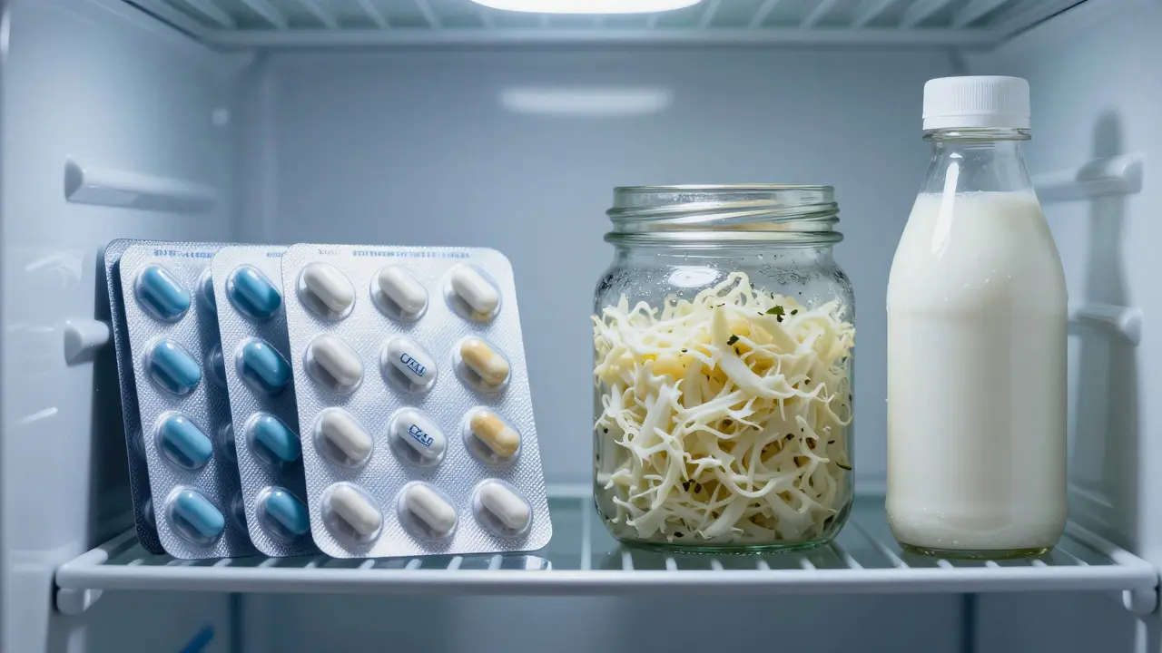 Probiotika uložená v chladničce vedle kvašených potravin.