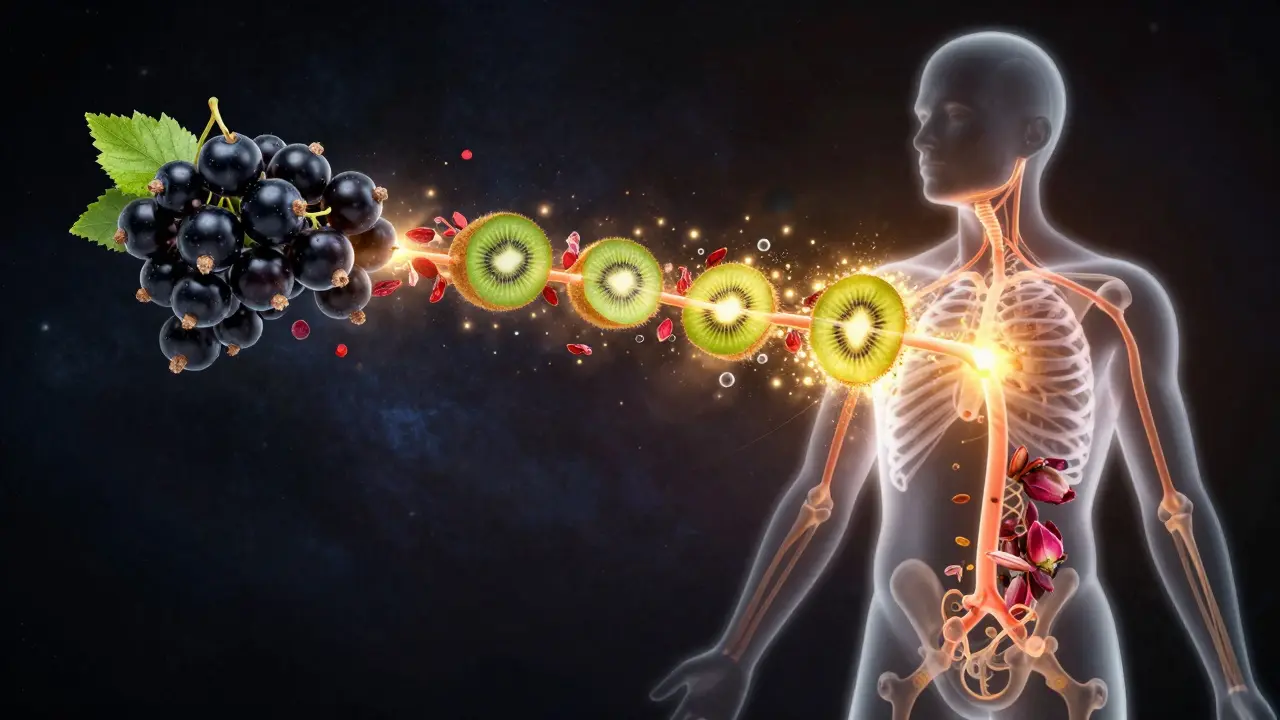 Průhledný lidský obraz s proudy vitamínu C z ovoce do těla.