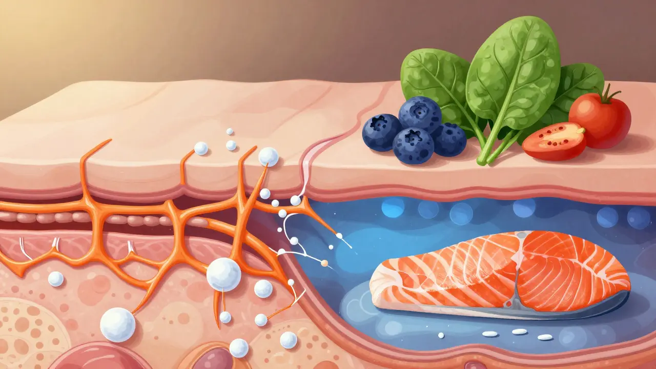 Průřez kůže: cukry poškozují kolagen, zatímco antioxidanty z potravin ho obnovují.