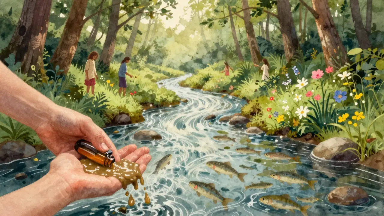 Řeka od člověka do přírody, kde chemický odpad přechází v čistou vodu s životem.