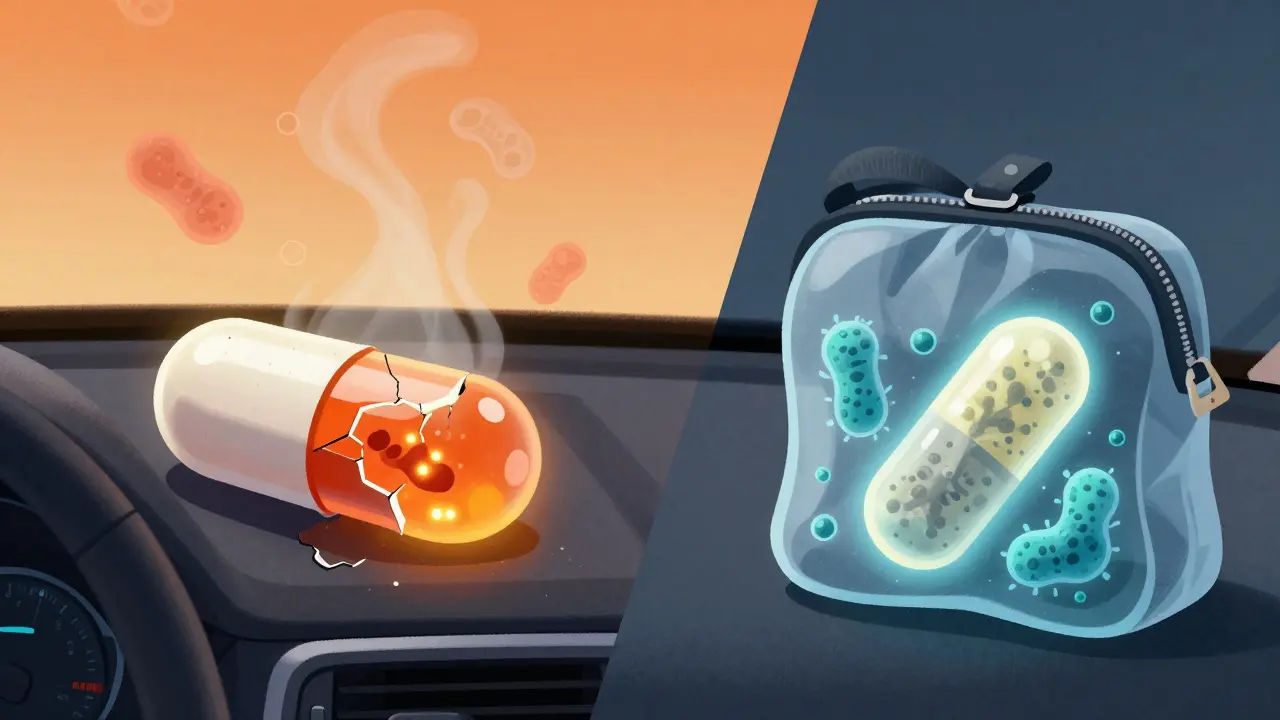 Rozpadající se kapsle Biopron v horkém autě proti chlazené verzi v tašce