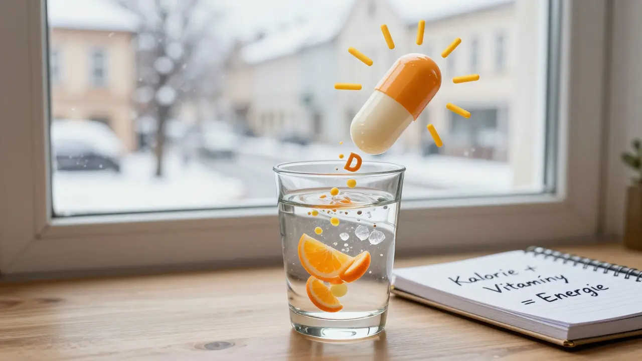 Rozpouštějící se multivitaminová kapsle v sklenici vody s částicemi tvaru vitamínů a minerálů.