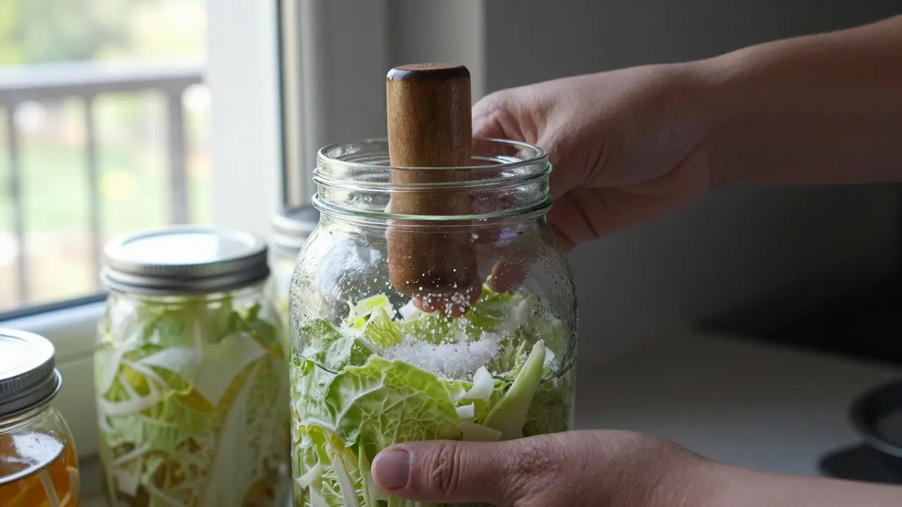 Ruce stlačují zelí do sklenice při přípravě kvašené zeleniny s solí a vodou.