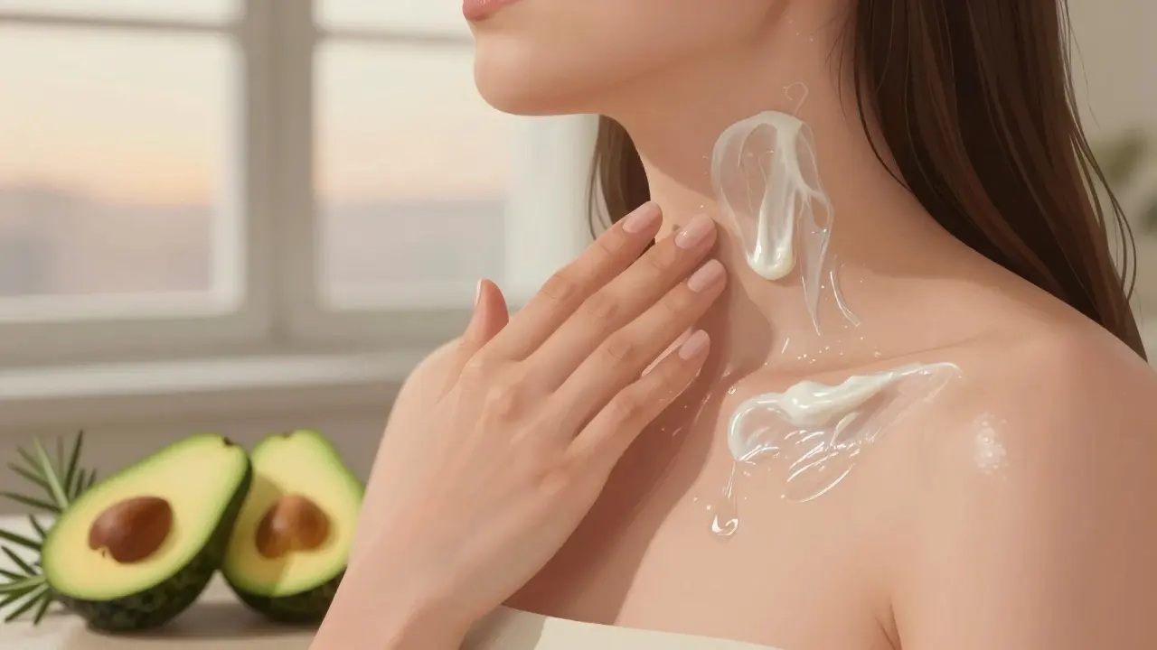 Ruka aplikuje bohatý noční krém na krk a dekolt s přírodními oleji.