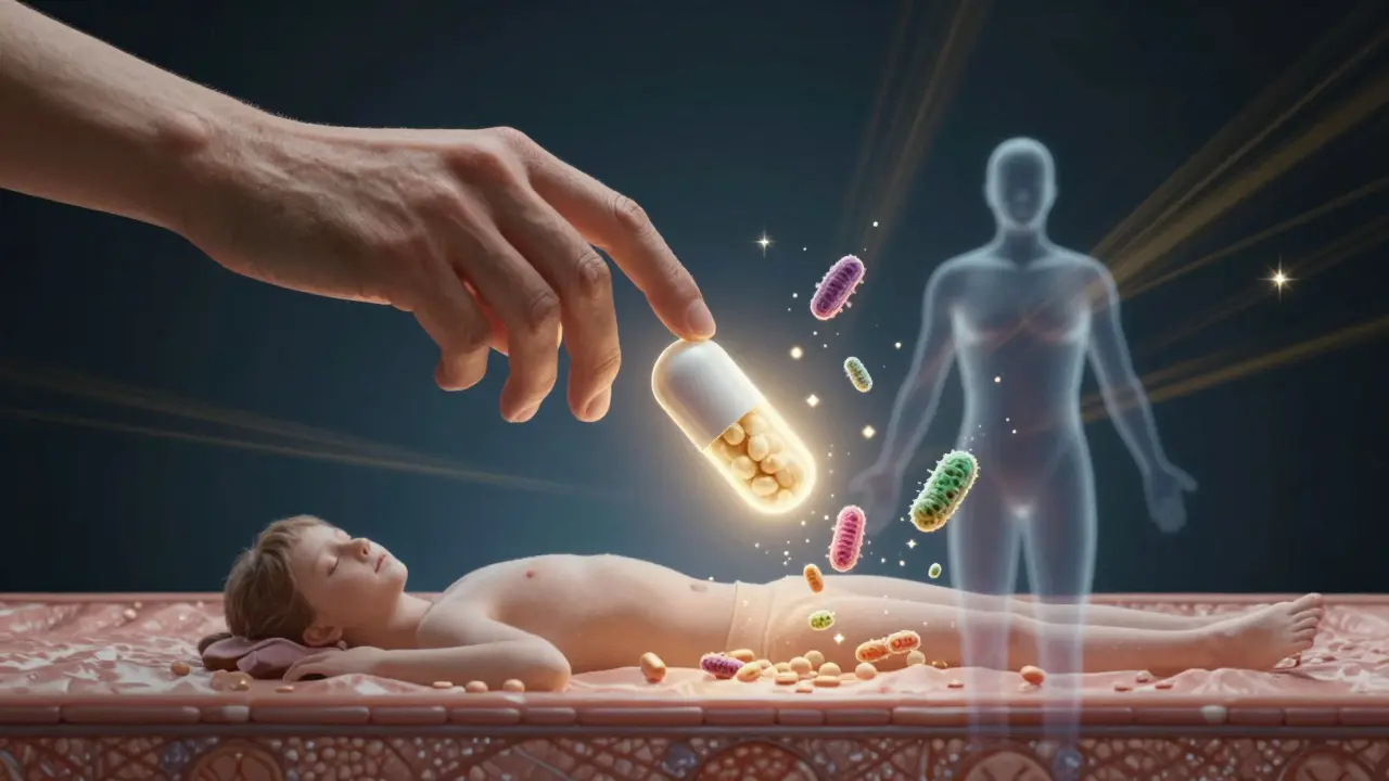 Ruka drží probiotickou kapličku, ze které vyrůstají bakterie, které obnovují zdraví těla.