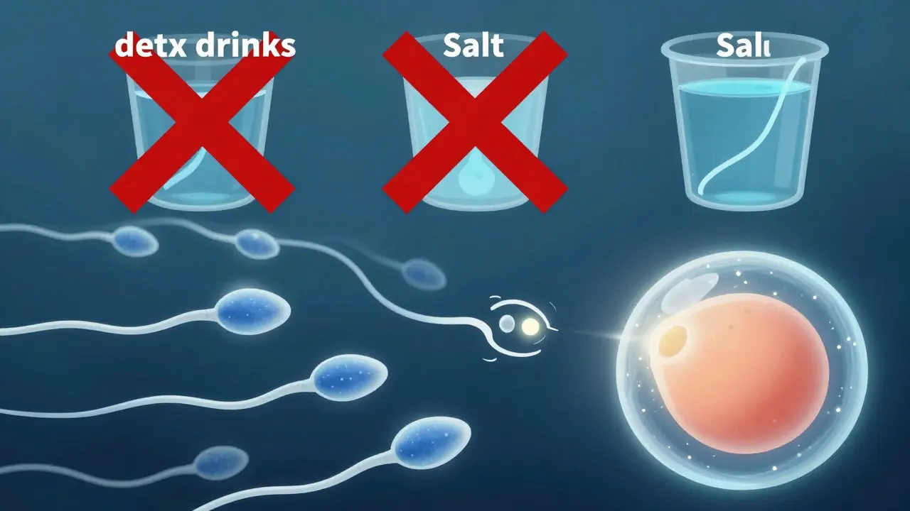 Spermie plavou k vajíčku, zatímco detoxy a močení jsou přeškrtnuté.