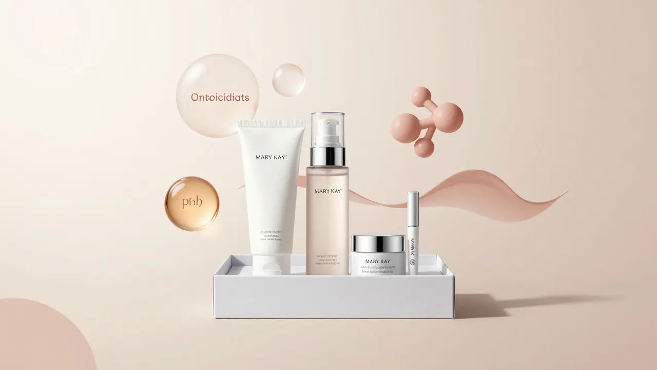 Startovací balíček Mary Kay s produkty uspořádanými v trojúhelníku a symboly antioxidantů.