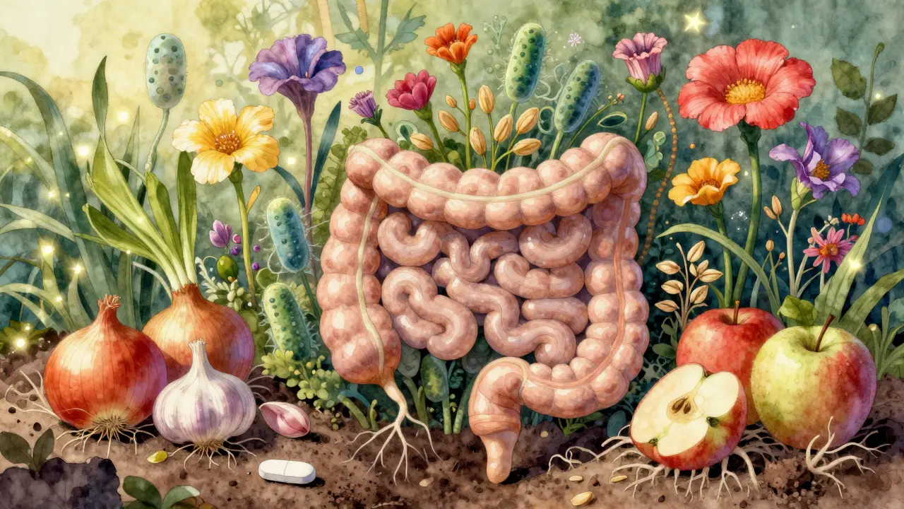 Střevo jako zahrada s bakteriemi jako květinami a předbiotiky jako kořeny rostlin.
