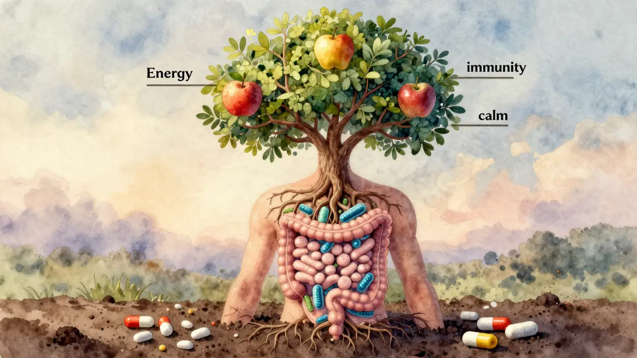 Strom rostoucí z lidského těla s kořeny tvaru střev a ovoce symbolizující zdraví.