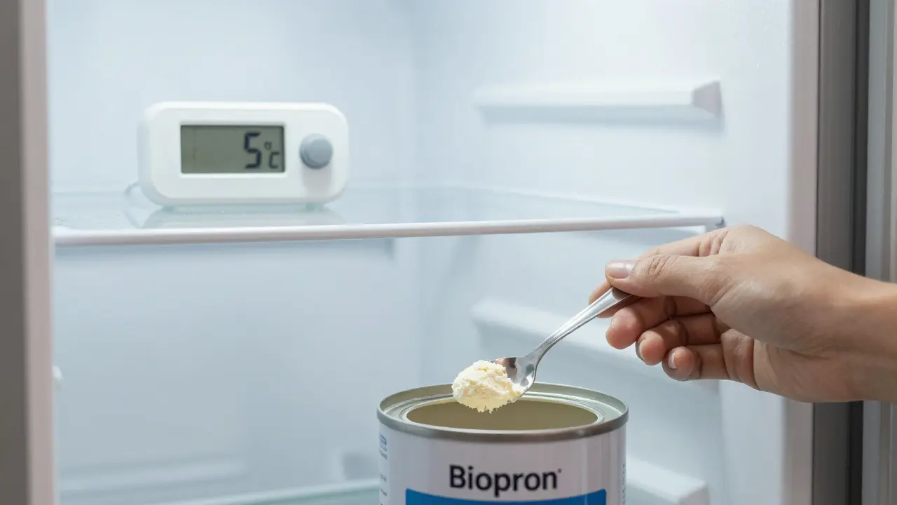 Suchá lžička při dávkování prášku Biopron v lednici s teploměrem