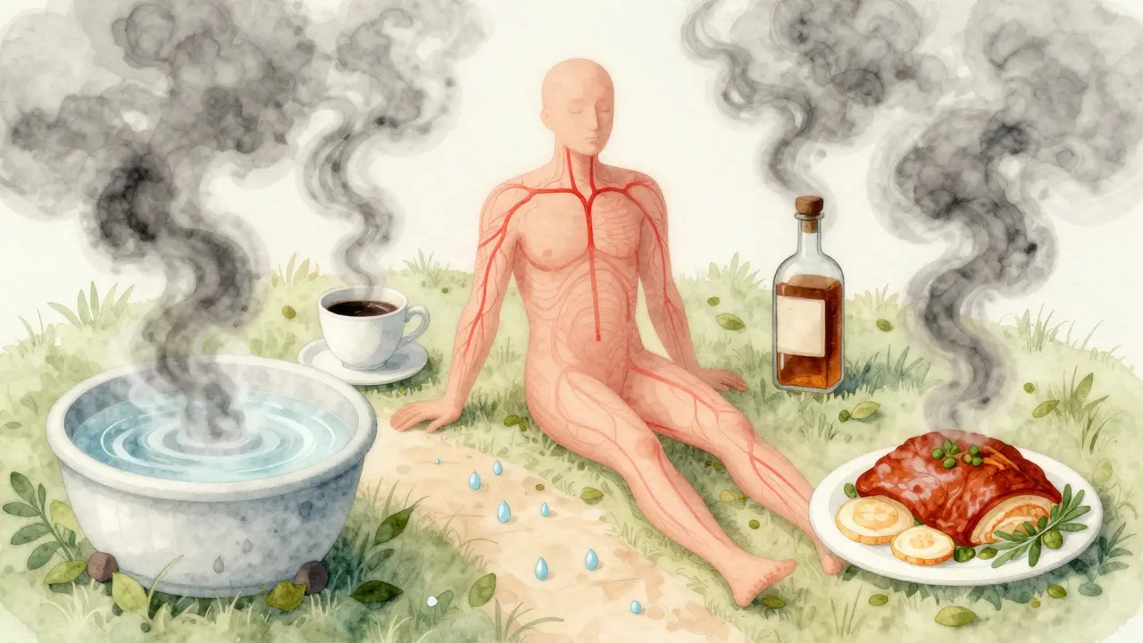 Tělo s krevním oběhem obklopeno zakázanými prvky jako horká koupel, káva a alkohol, které se mění v kouř.