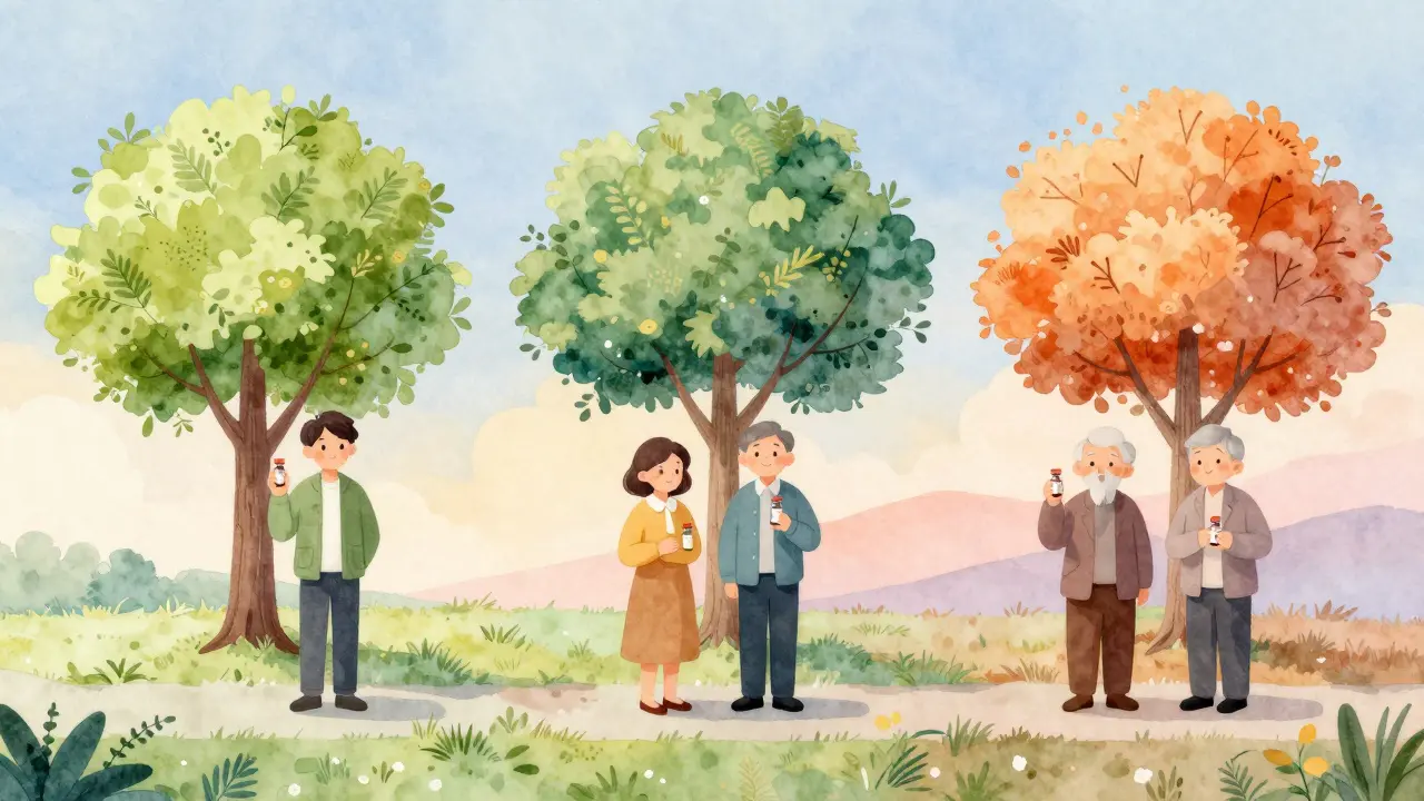 Tři generace drží lahvičky s rybím kolagenem, stojí v cestě přes roční období.