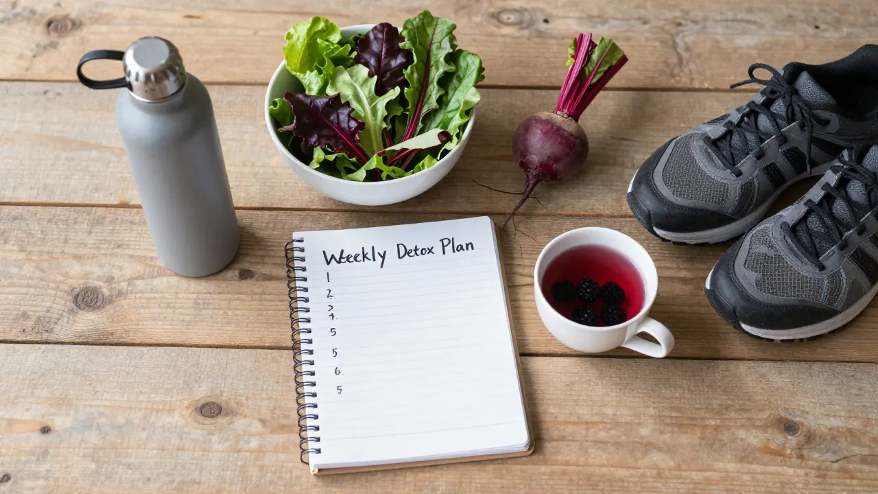 Týdenní plán detoxikace: voda, zelenina, čaj a obuv pro procházku na dřevěném stole.