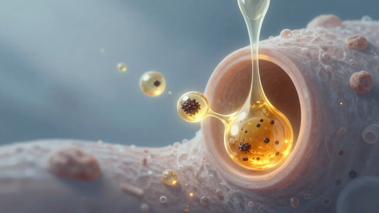 Uvnitř pórů proudí olej a mrtvé buňky, které odstraňují kyseliny