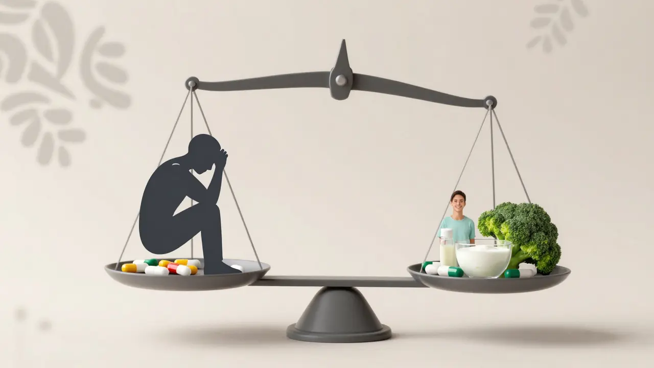 Váha symbolizující rovnováhu mezi antibiotiky a obnovou střevní mikroflóry.