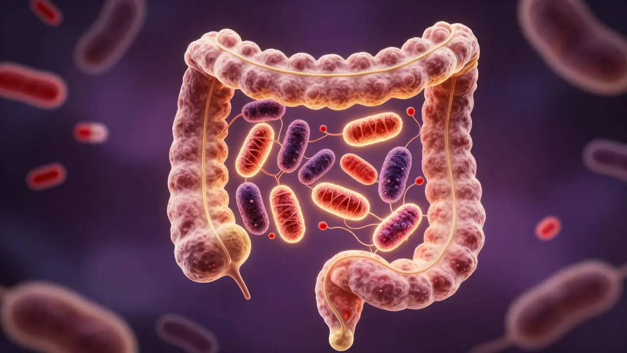 Vnitřek střeva s živými bakteriemi opravujícími střevní bariéru, antibiotika v pozadí.