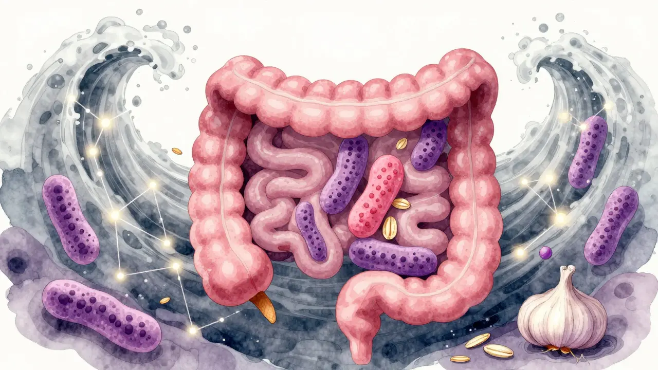 Vnitřní výhled střev s rostoucími prospěšnými bakteriemi a prebiotickými vlákninami.