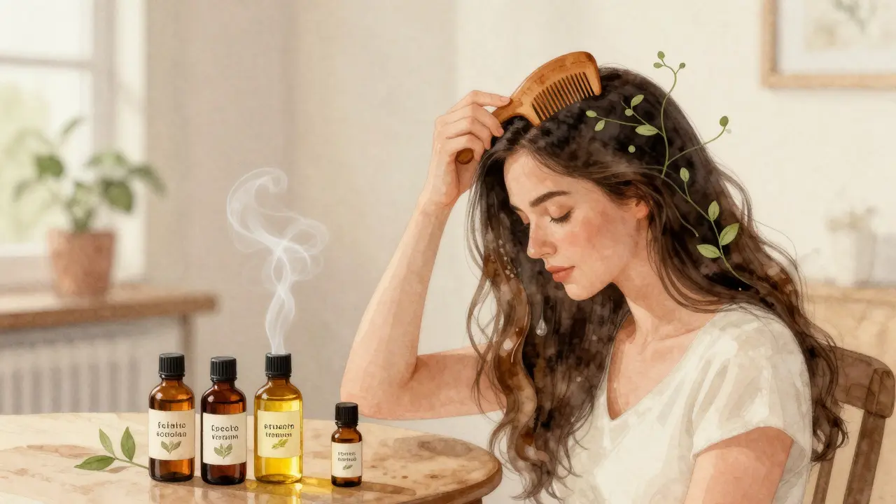 Žena aplikuje přírodní oleje na pokožku hlavy s dřevěným hřebenem.