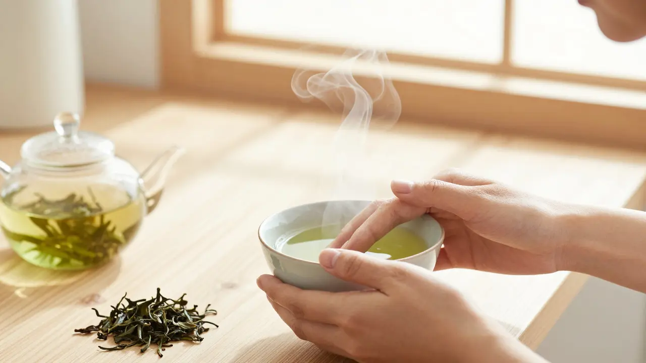 Žena má ruce ponořené v teplém zeleném čaji, lehce se odpařuje pára.