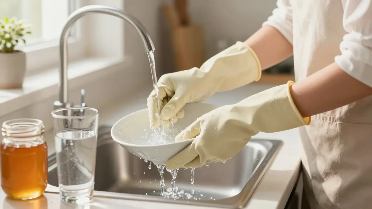 Žena myje nádobí v rukavicích, chrání tak své nehty před vodou.