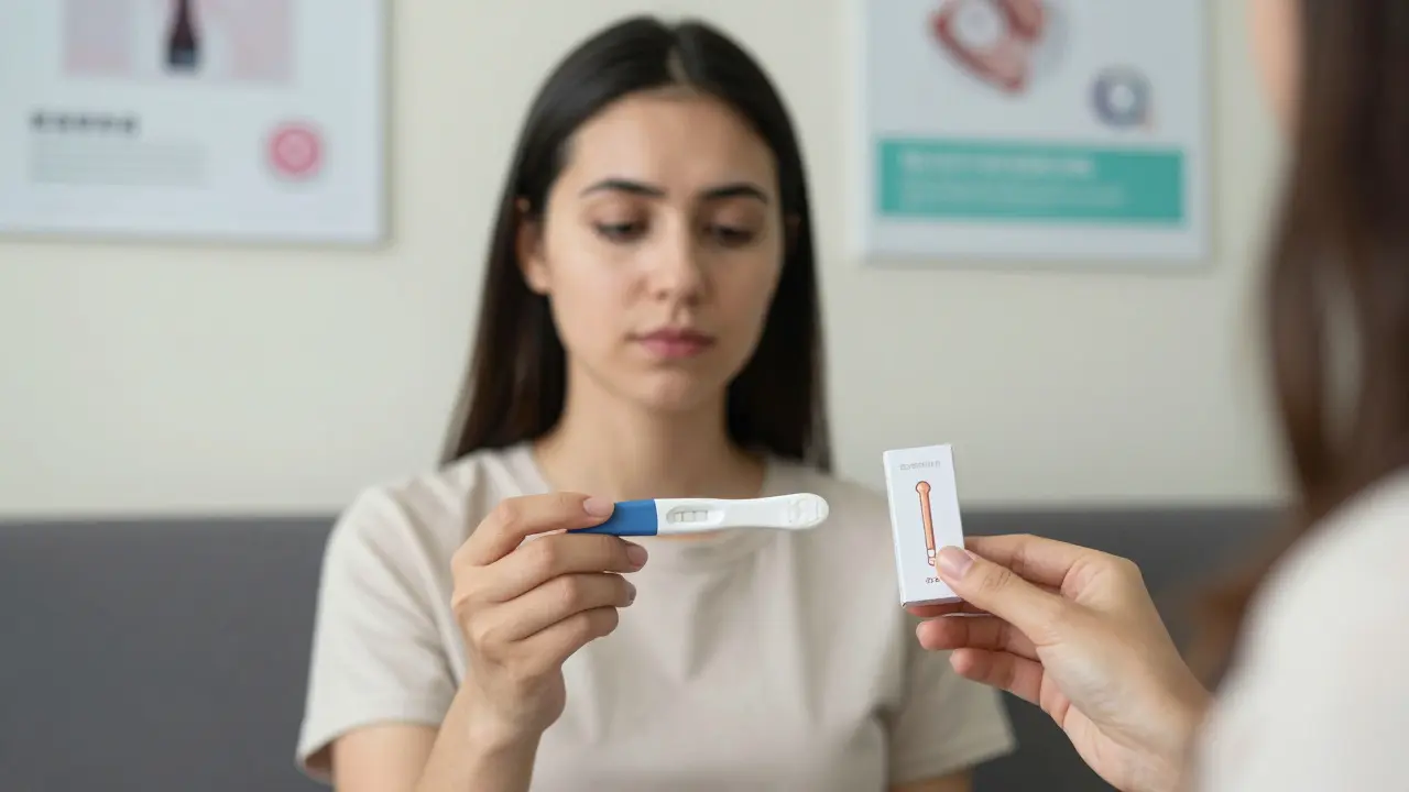 Žena na klinice drží test na těhotenství, vedle ní je IUV.