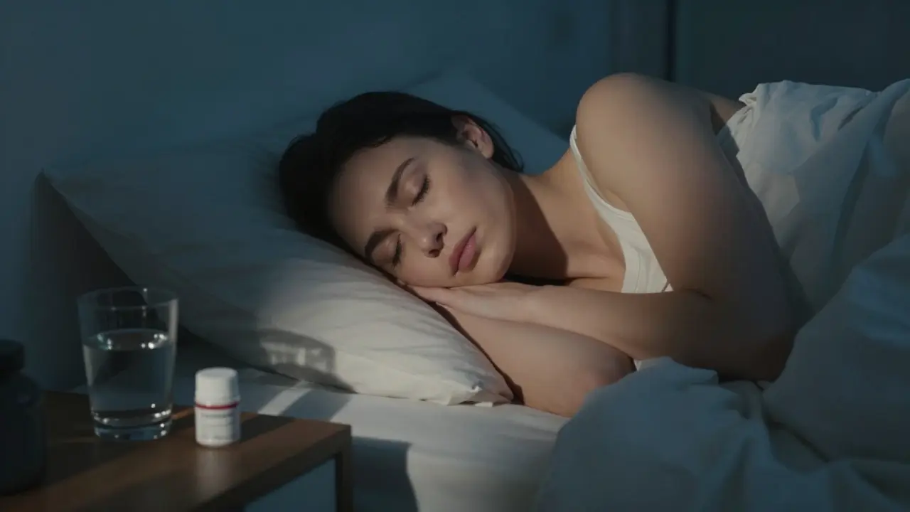 Žena spí v klidné místnosti, tvář čistá, vedle ní retinol a sklenice vody.