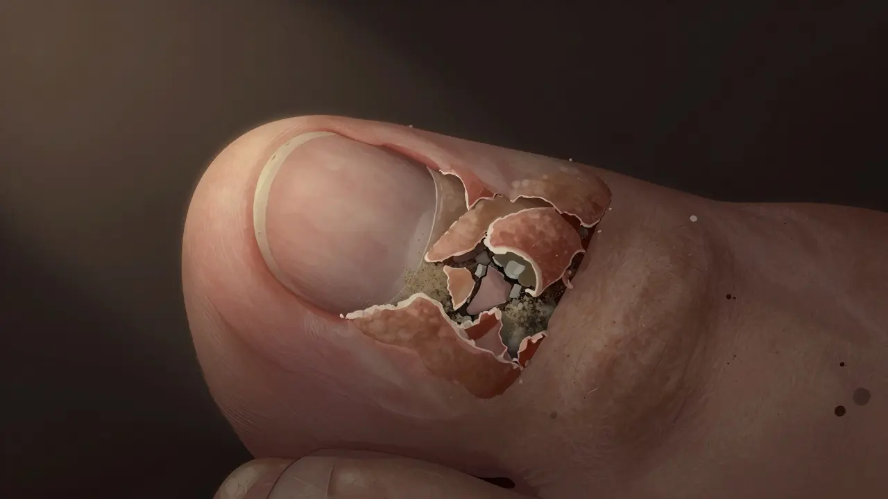 Ztlustlý a křehký neht odstupující od kůže, s drobky pod ním.