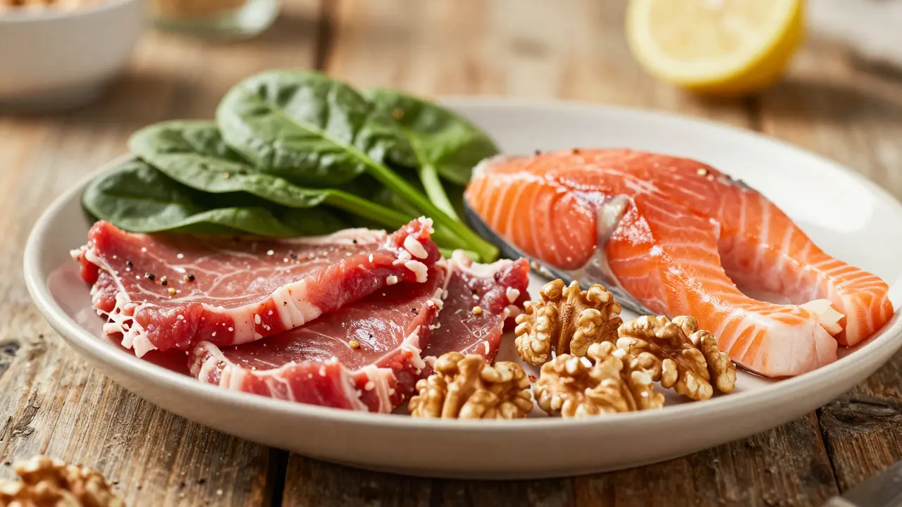 Červené maso, špenát, ořechy a ryby na talíři