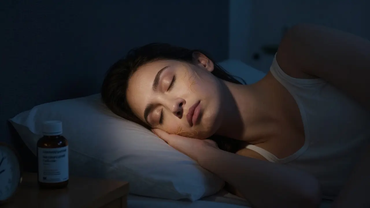 Člověk spí na zádech v noci, s podsvícením kolagenu pod kůží a láhvičkou kolagenu na nočním stolku.