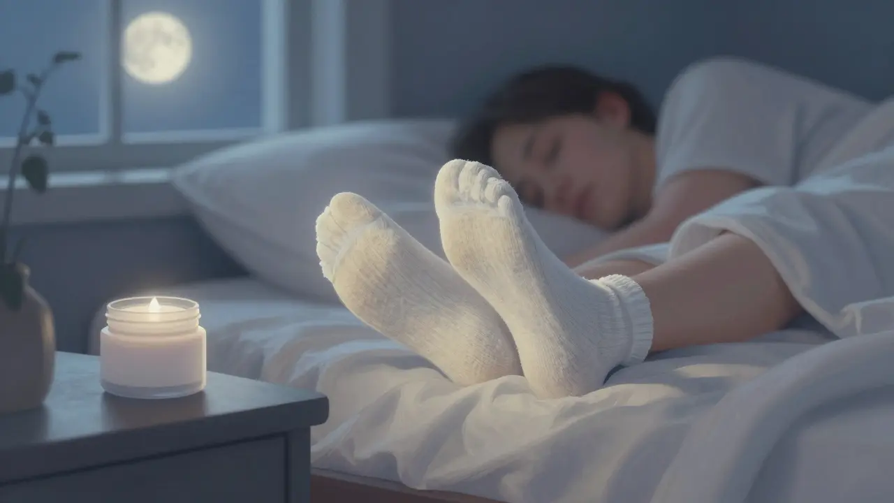 Člověk spí v punčochách, zatímco krém působí během noci.