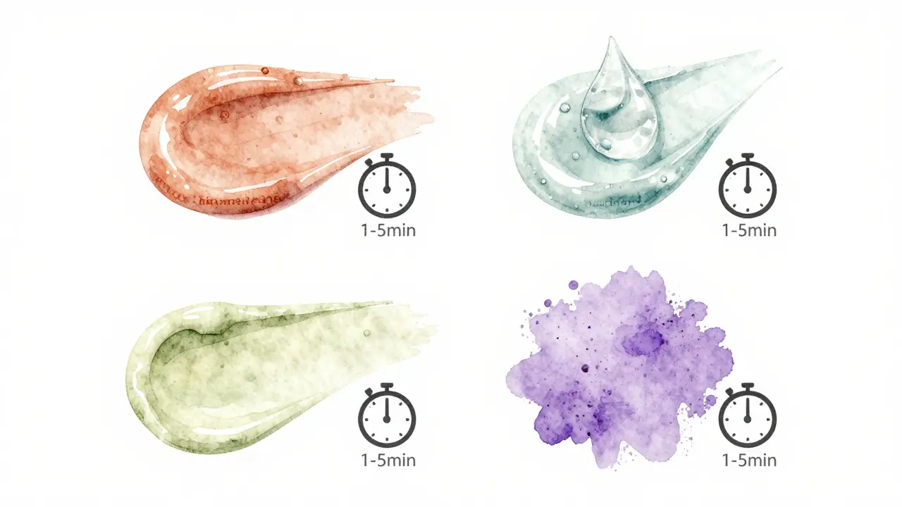 Čtyři typy primerů v ilustrativním kruhu s časovými indikátory: silikonový, hydratační, matující a barevný.