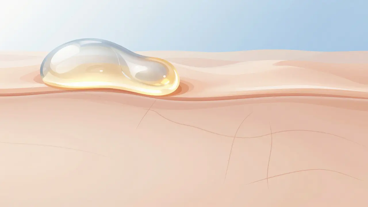 Detail kůže s hydrací na povrchu a stále viditelnými vráskami v hlubších vrstvách.