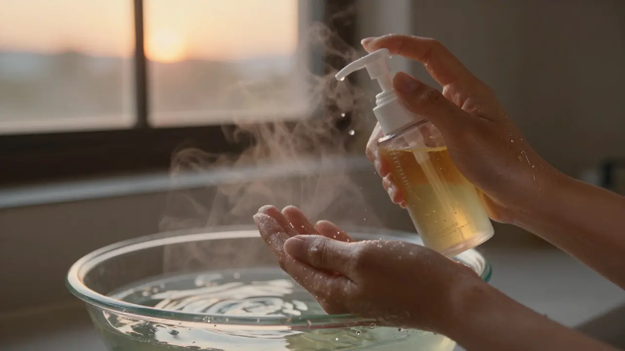 Dvojité čištění obličeje olejem a gelom ve večerním osvětlení.