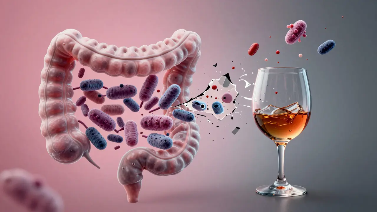 Fragilní skleněný ekosystém v těle, kde alkohol ničí kolonii prospěšných bakterií a uvolňuje toxiny do krve.
