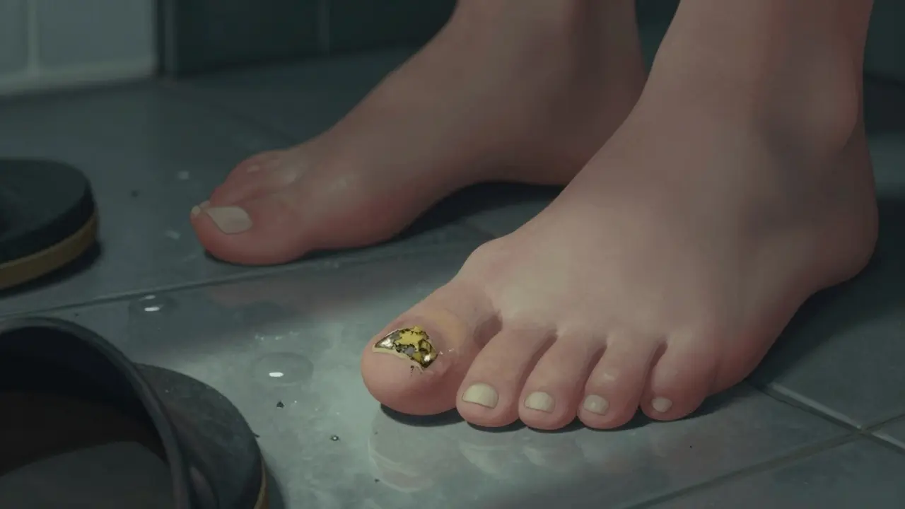 Houbová infekce na prstech nohou s ohroženými nehty a mokrou koupelnou na pozadí.